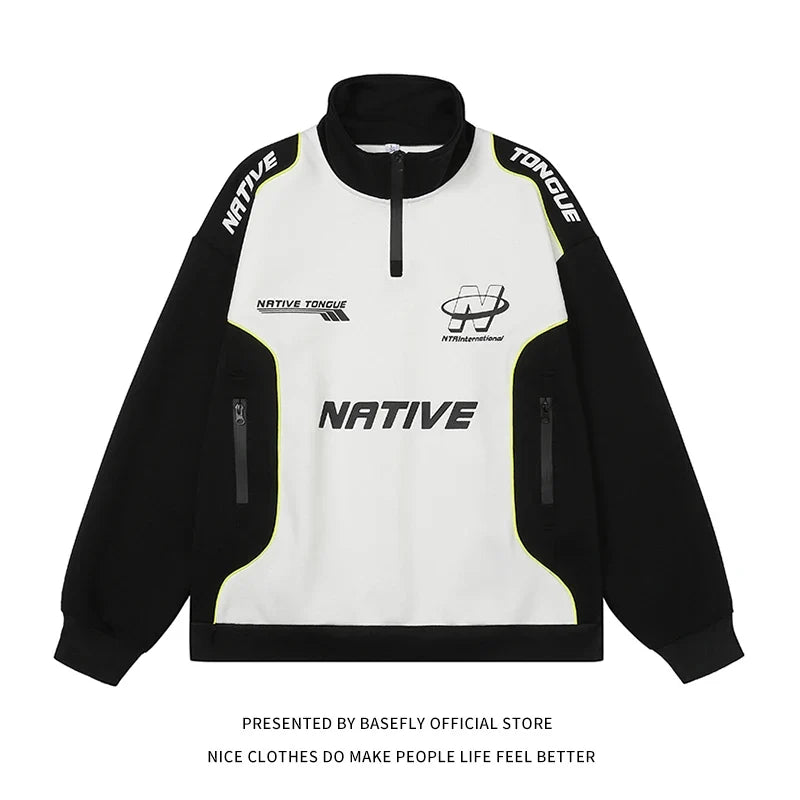 Unisex-sweatshirt med lynlås og ståkrave, tofarvet, løstsiddende, sort/hvid