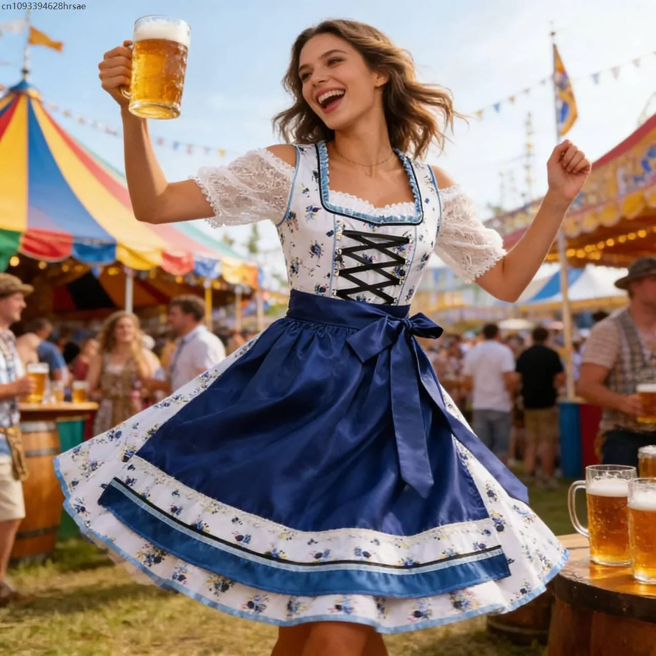 Dirndl til dame, tradisjonelt blomstermønster, blått og hvittketøy