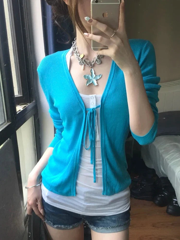 Cardigan da donna in maglia con scollo a V, maniche lunghe, blu