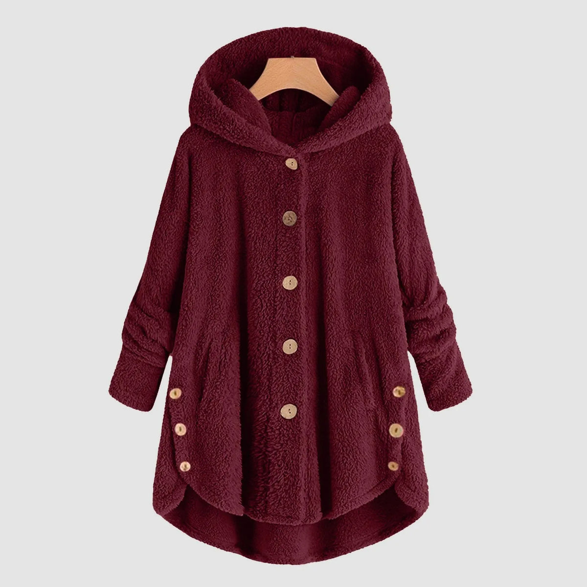 Cappotto donna oversize con cappuccio in teddy fleece, bottoni in legno e bordo alto