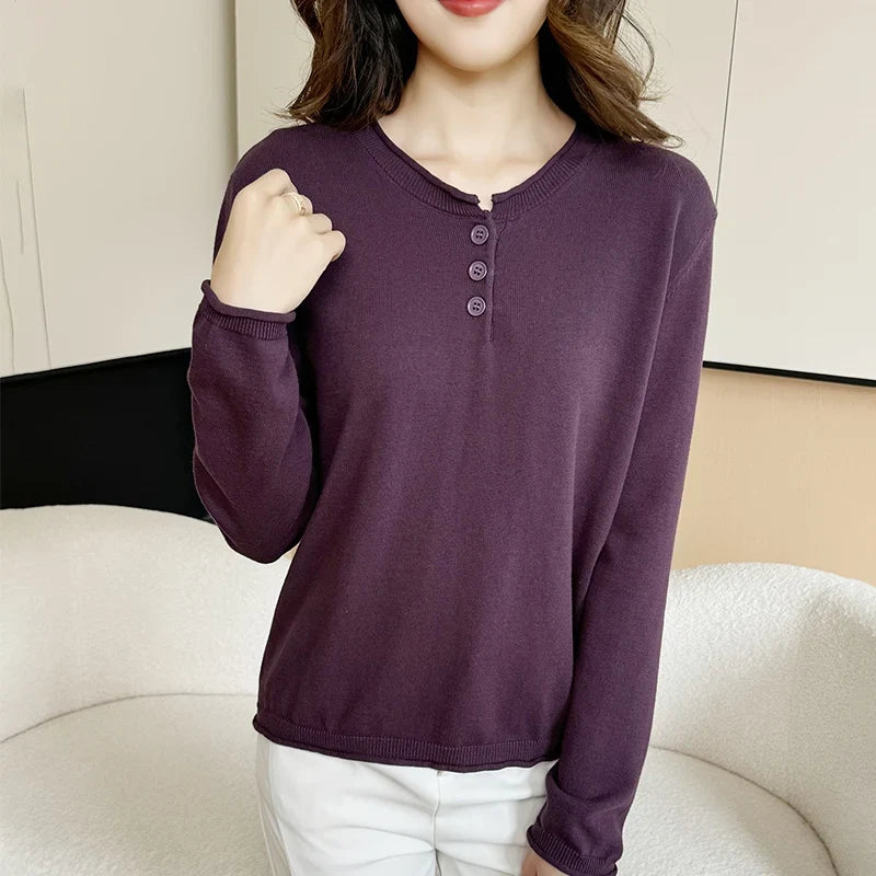 Damen Langarmshirt mit Knopfleiste, V-Ausschnitt, Feinstrick