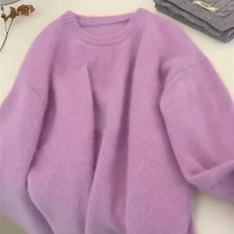 Dame-hyggestriksweater med rund hals og løs pasform