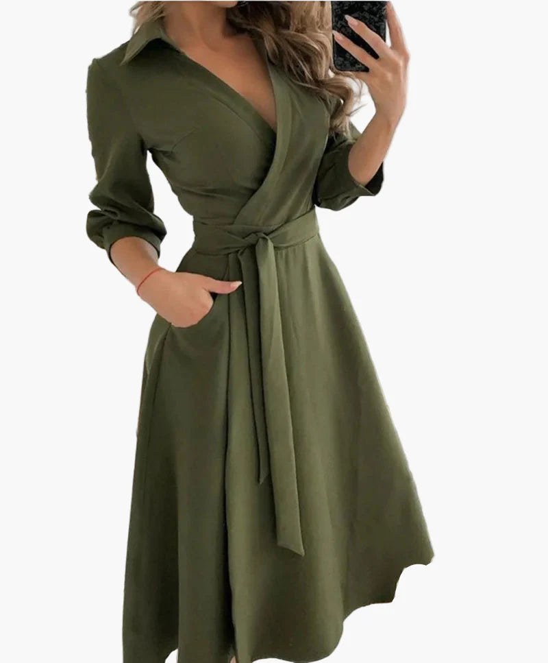Damen Wickelkleid mit Gürtel und Kragen – Eleganter Alltags- & Büro-Look