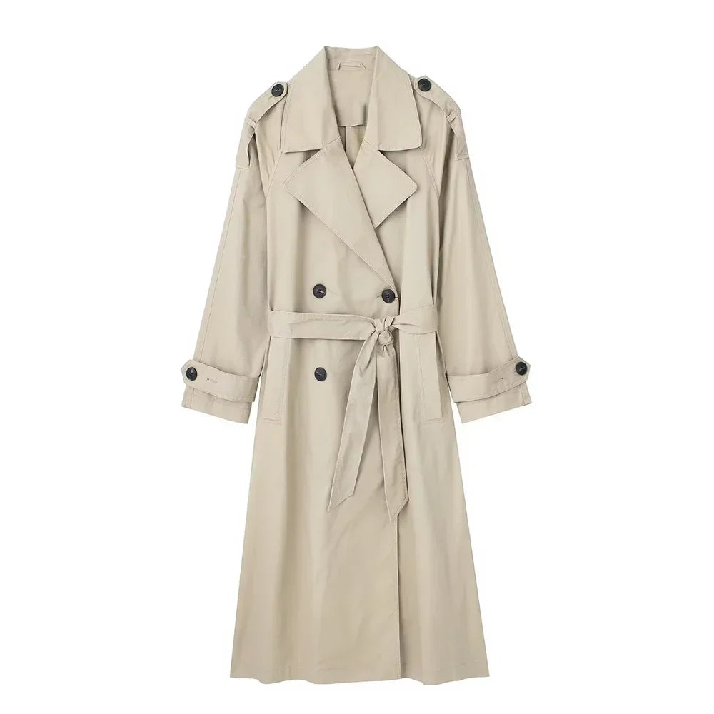 Damen Trenchcoat Lang Zweireihig mit Bindegürtel Klassischer Übergangsmantel