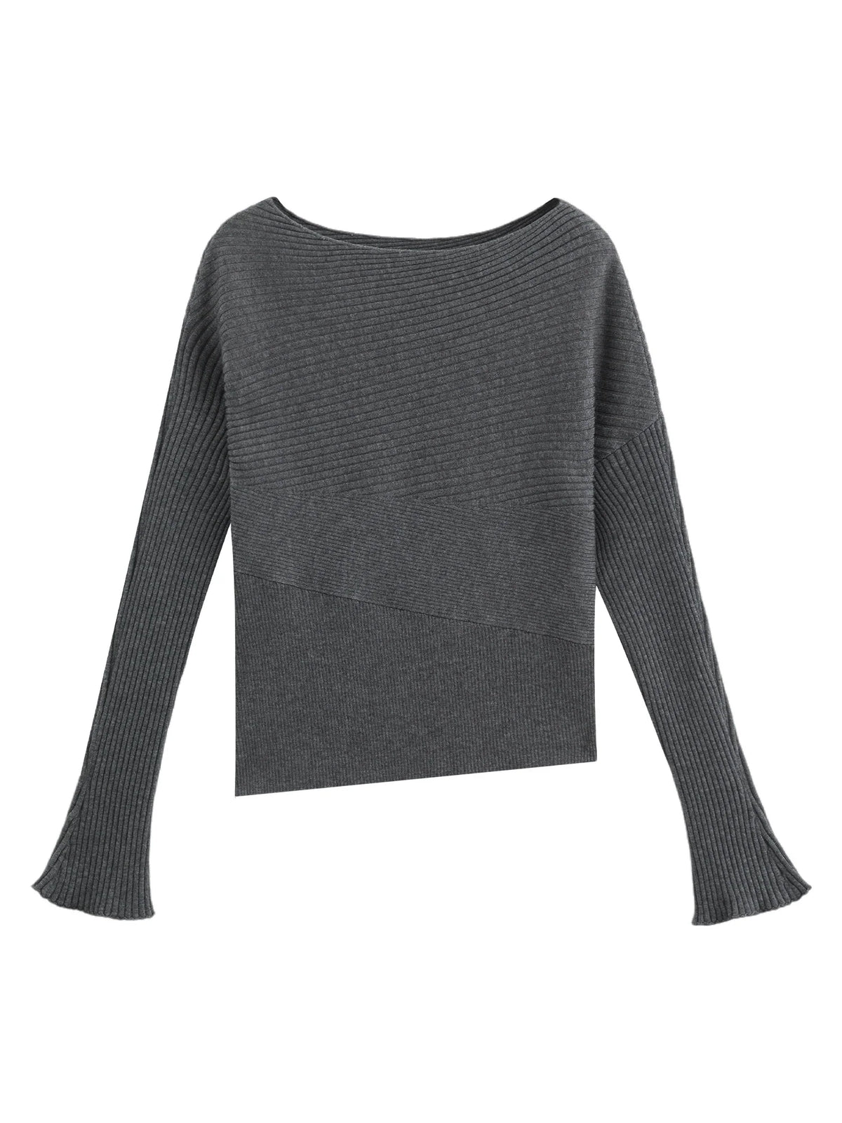Damestriksweater med bådhals og ribstruktur