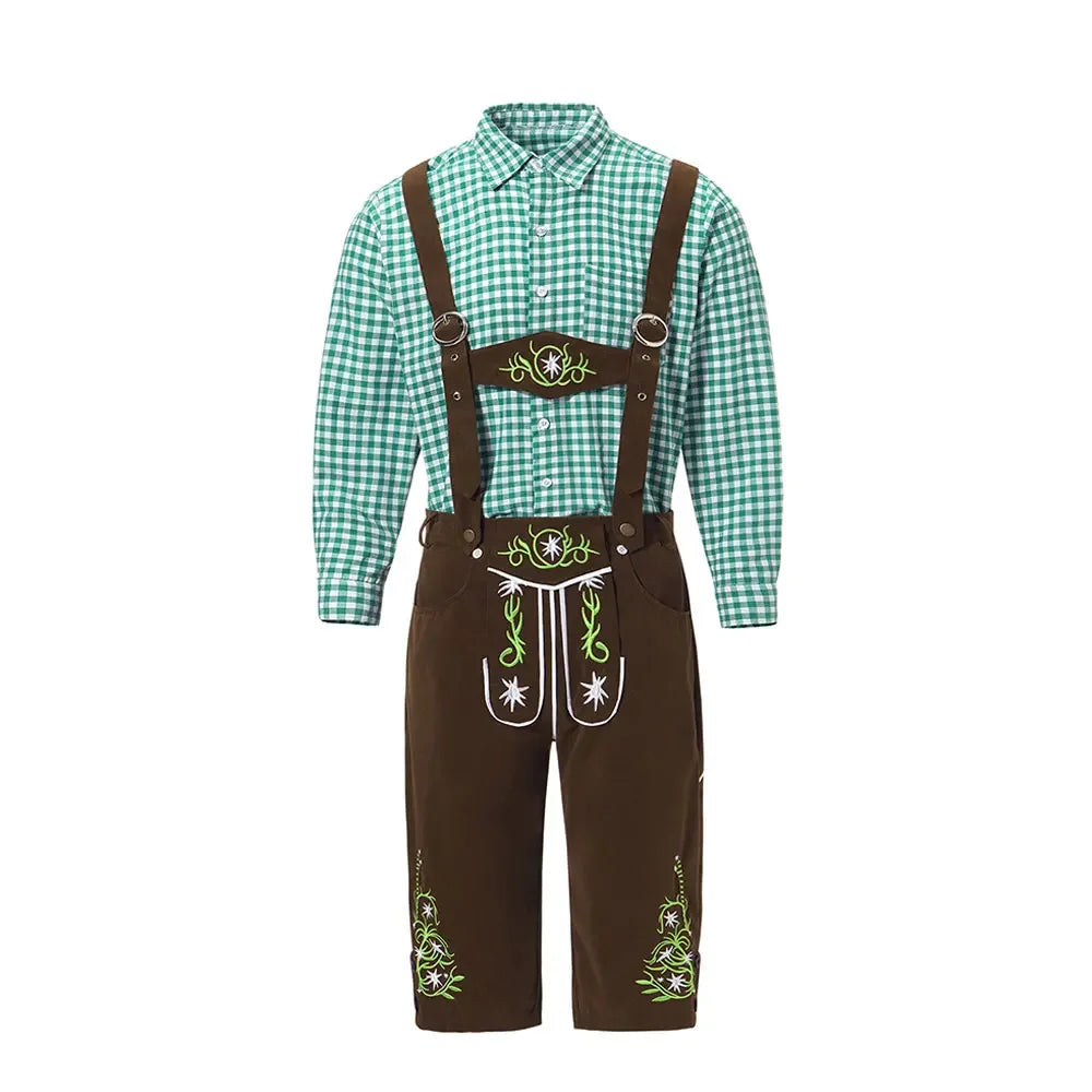 Herenklederdrachtset met geruit overhemd, leren broek en borduursel in groen en bruin