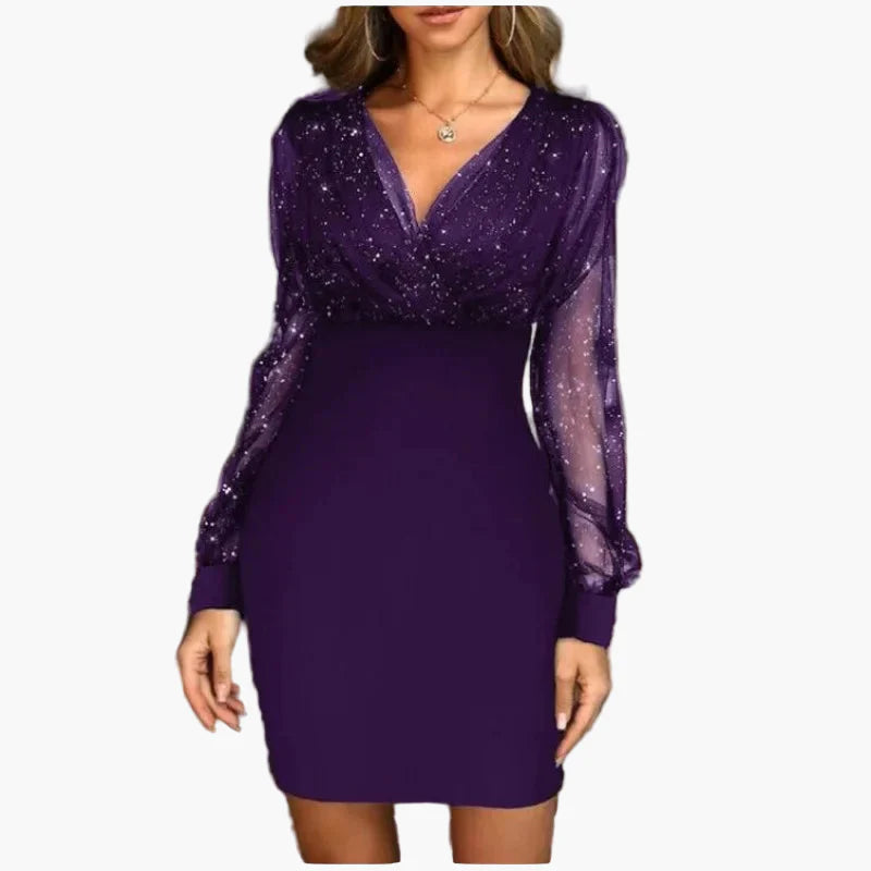 Dame elegant festkjole med glimmer og transparente ærmer – Perfekt til aftenarrangementer