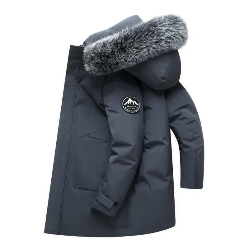 Herren Winterparka mit Kapuze und Fellimitatbesatz, Langer warmer Mantel, Outdoor Jacke