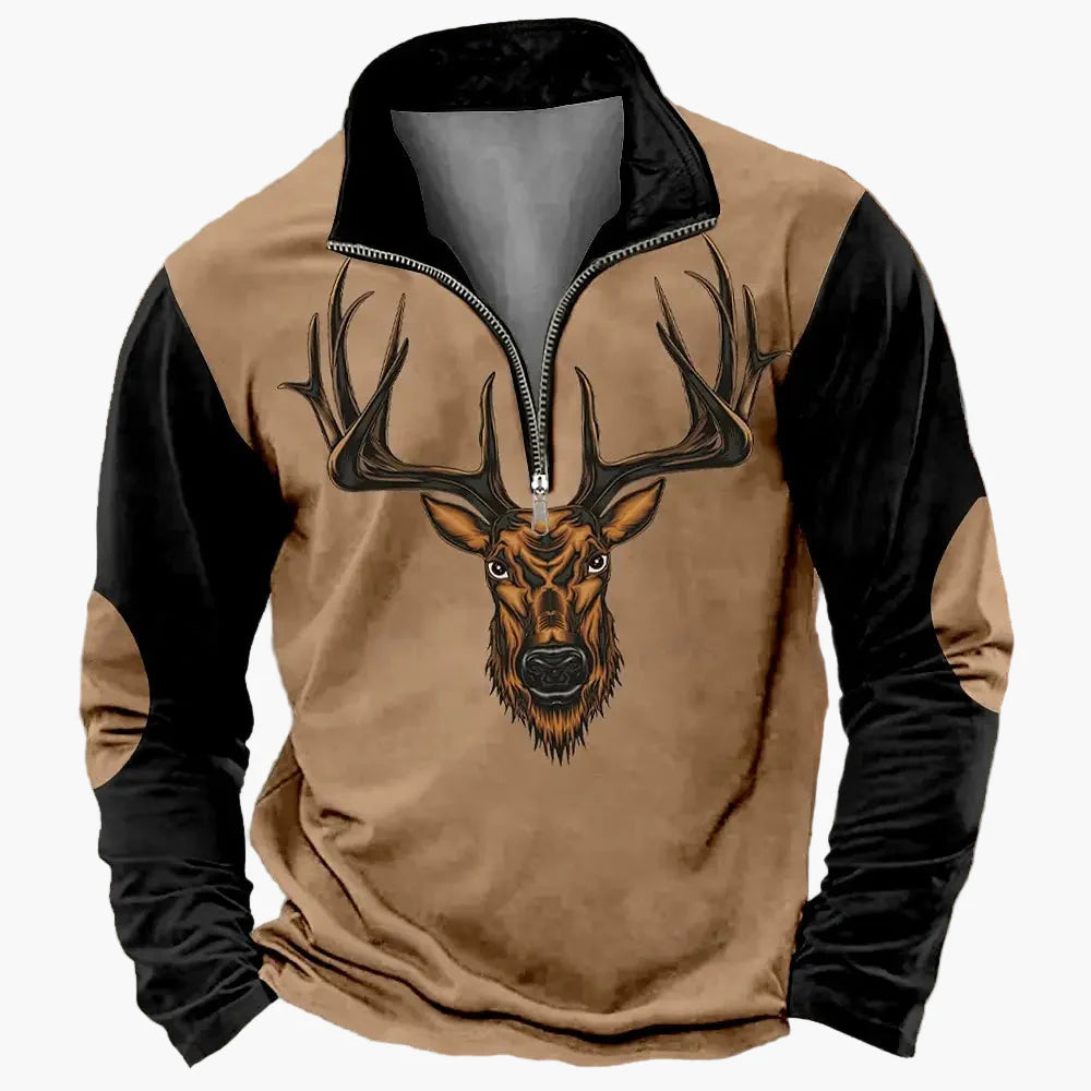 Herren Outdoor Sweatshirt mit Hirsch-Print und Reißverschluss – Freizeit & Jagd Pullover