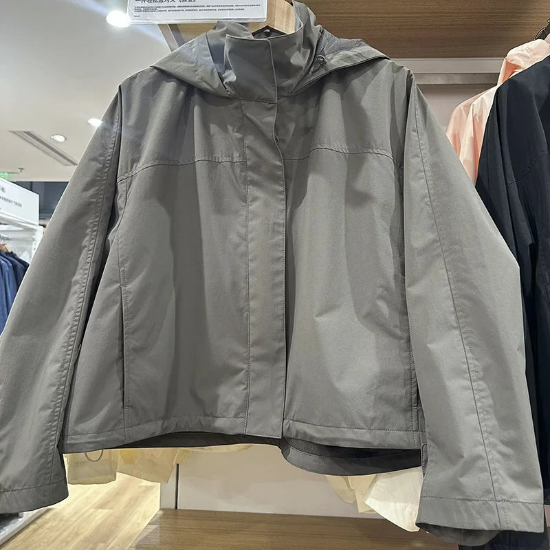 Damen Kurzjacke mit Kapuze Windbreaker Leichte Freizeitjacke
