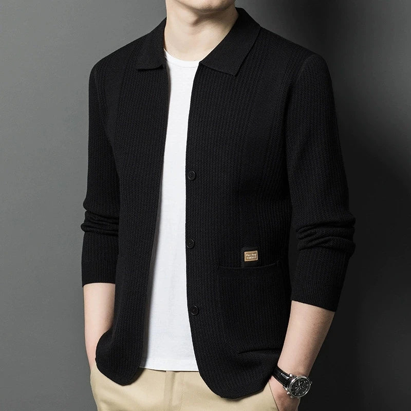 Herren Strickjacke Beige mit Reverskragen Knöpfen & Taschen