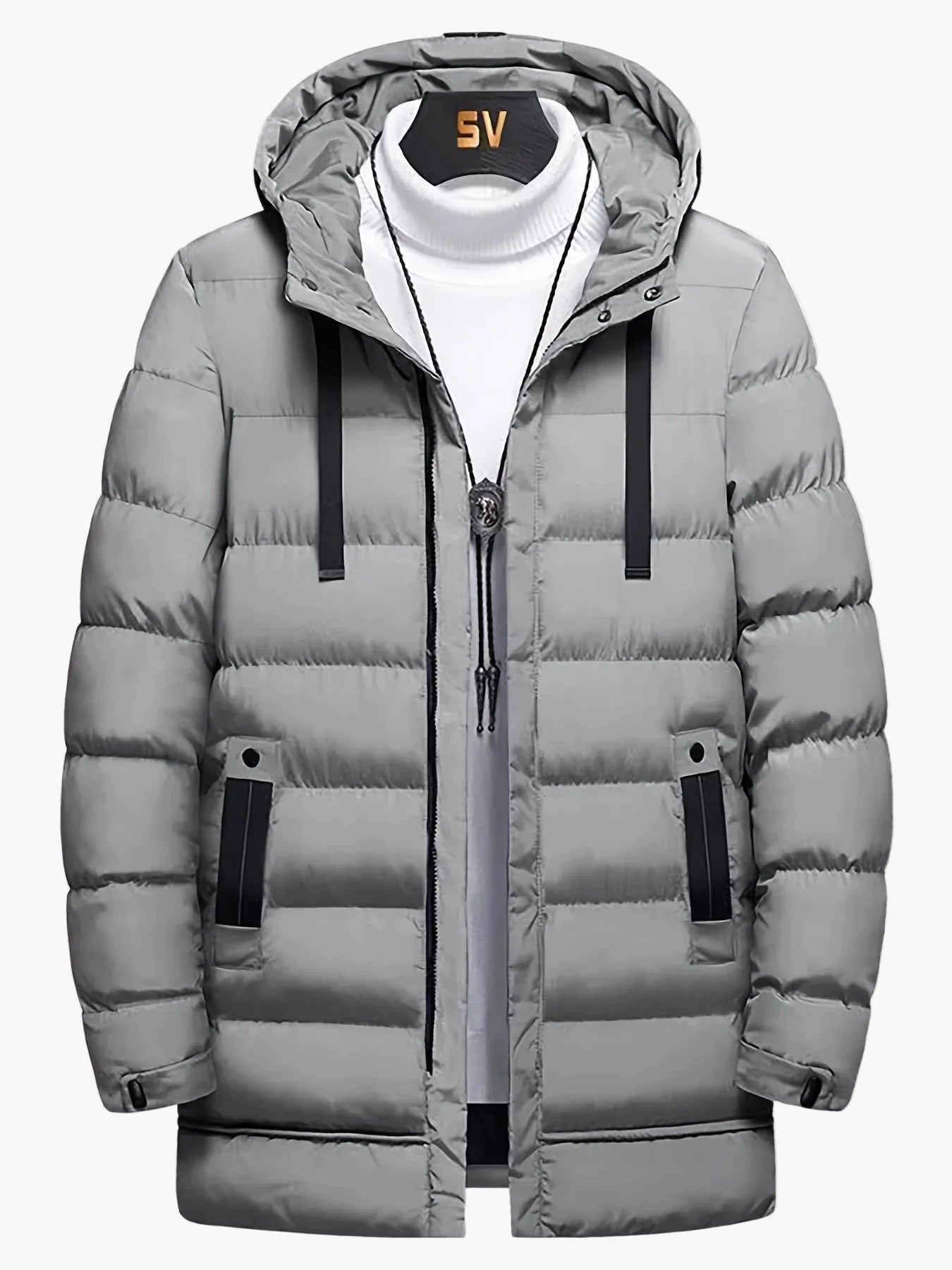 Męski długi zimowy płaszcz pikowany parka z kapturem – casualowy styl na co dzień i outdoor