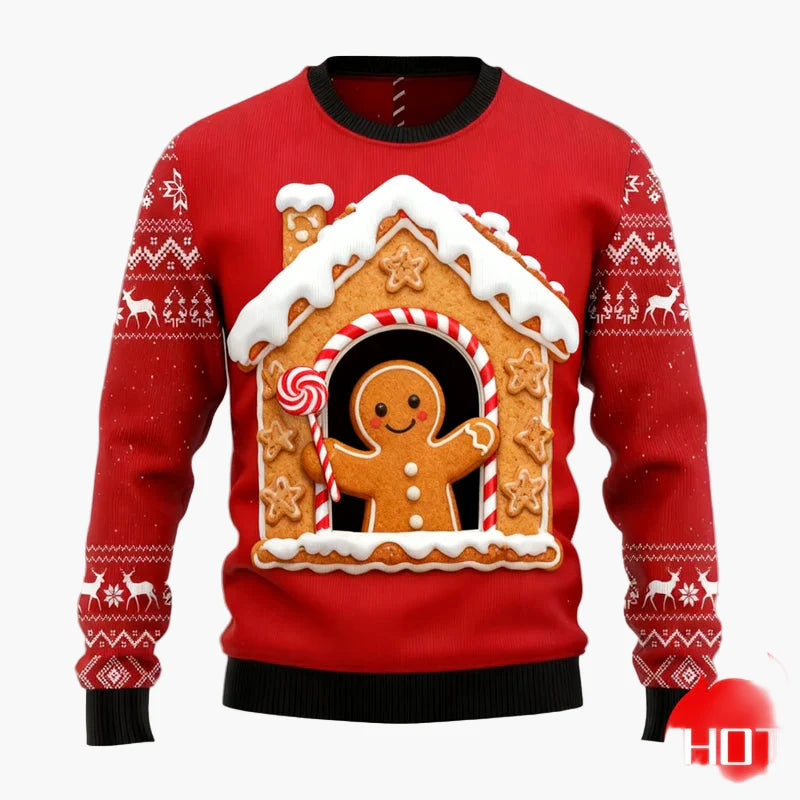 Maglione di Natale da uomo con omino di pan di zenzero, casetta di pan di zenzero e albero di Natale – Divertente Ugly Christmas Sweater festivo