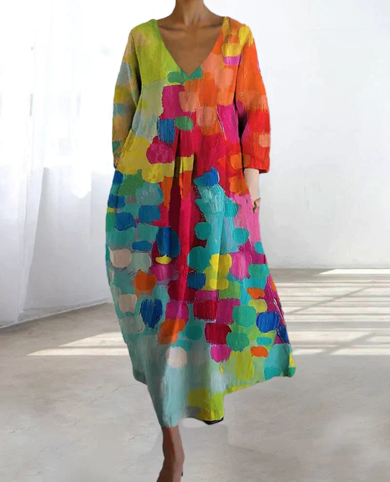 Damen Midikleid mit V-Ausschnitt und farbenfrohem Kunst-Print – Eleganter Freizeitstil für Alltag und besondere Anlässe