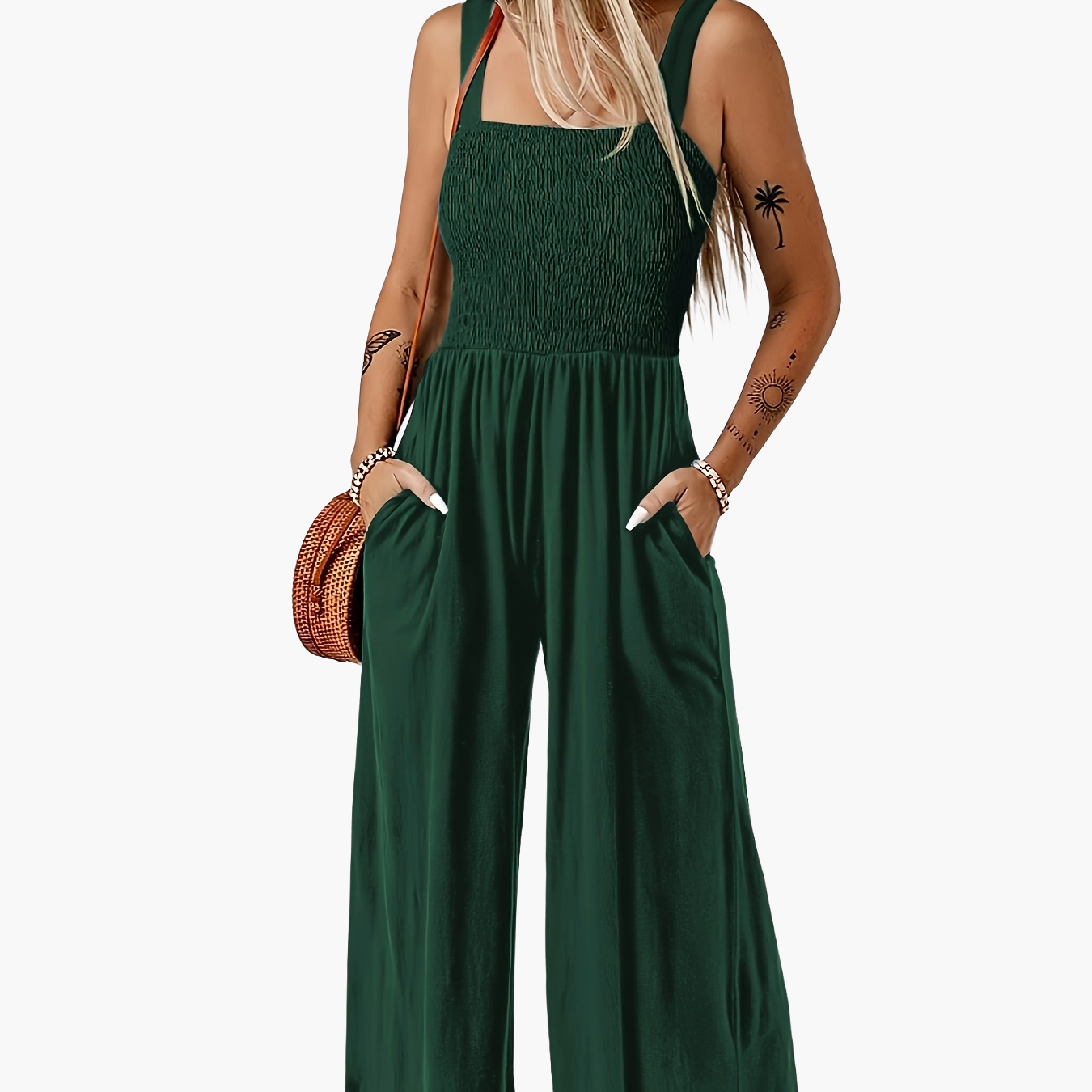Mono elegante de mujer con parte superior fruncida y pierna ancha – Perfecto para primavera y verano