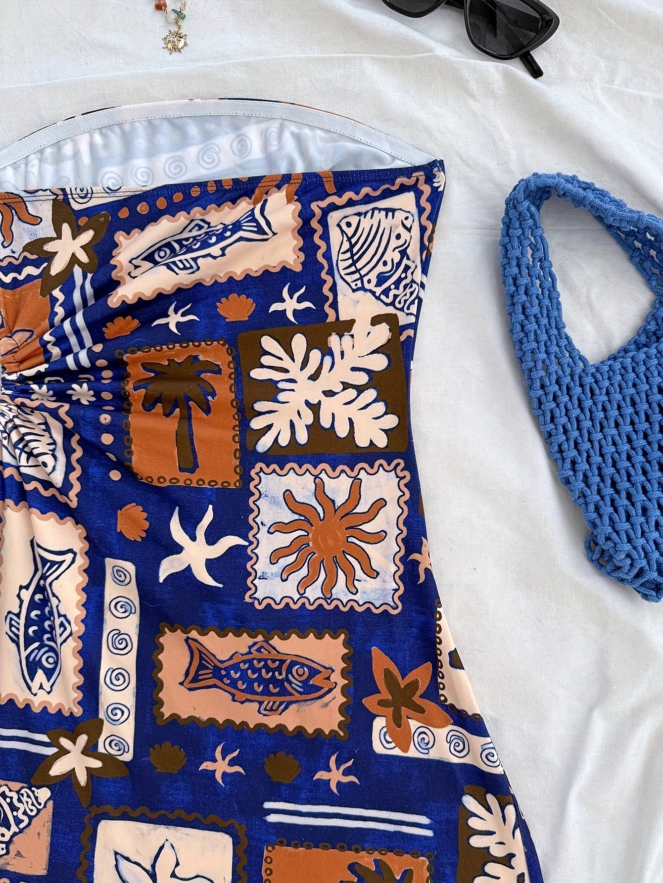 Damen Sommer Bandeau Mini Kleid mit Strandmotiv – Perfekt für Urlaub und Freizeit