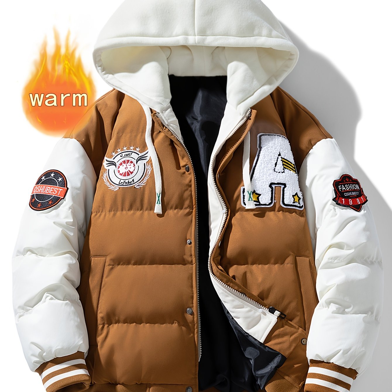 Steppjacke Herren Bomberjacke College-Stil Kapuze Grün
