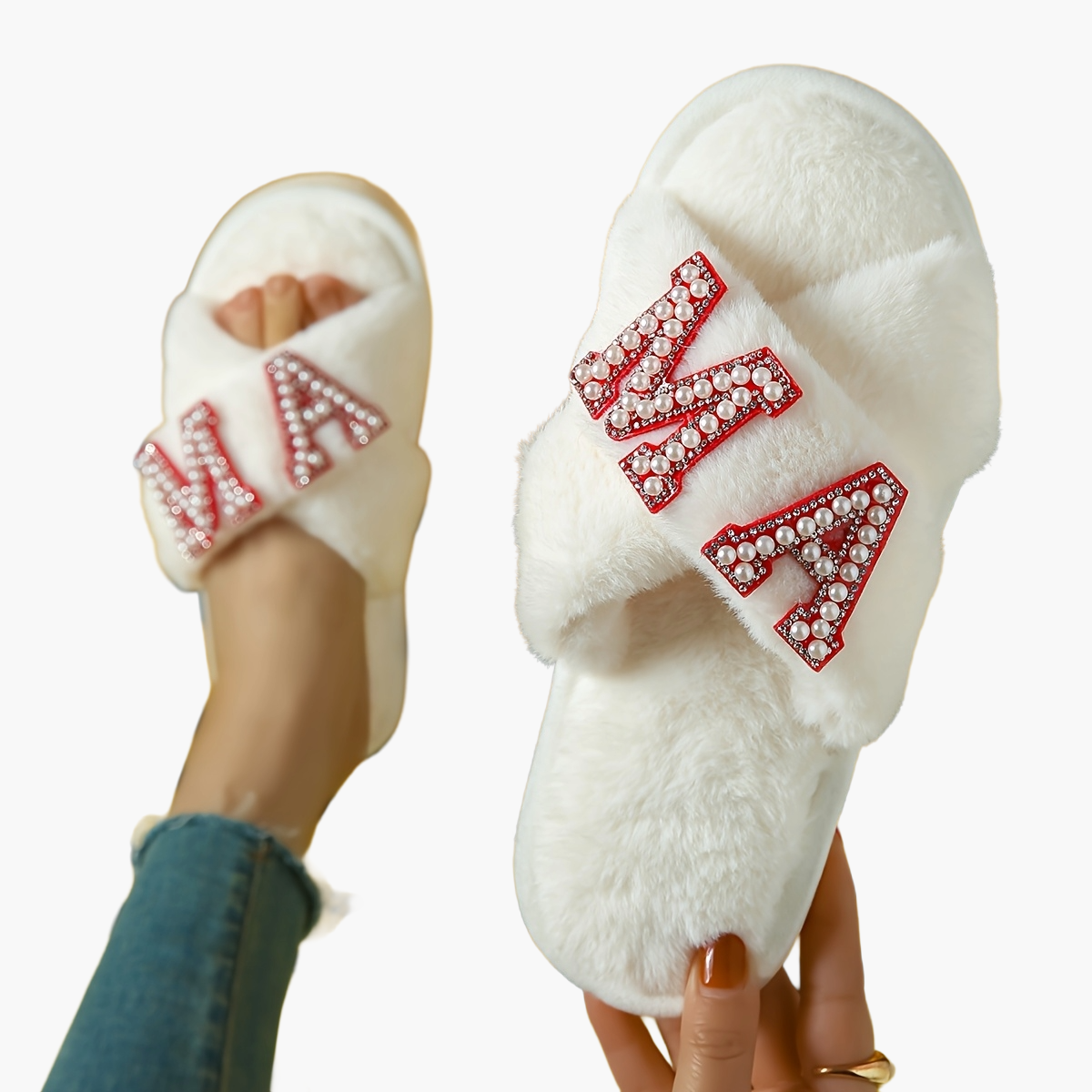Pantofole da donna in peluche con decorazioni di perle e scritta 'MAMA' – Comode ciabatte per casa, regalo per mamme