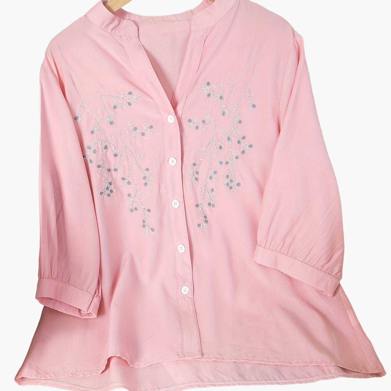 Dame Elegant Bluse med Broderi og Ståkrave – Sommer Fritidsskjorte