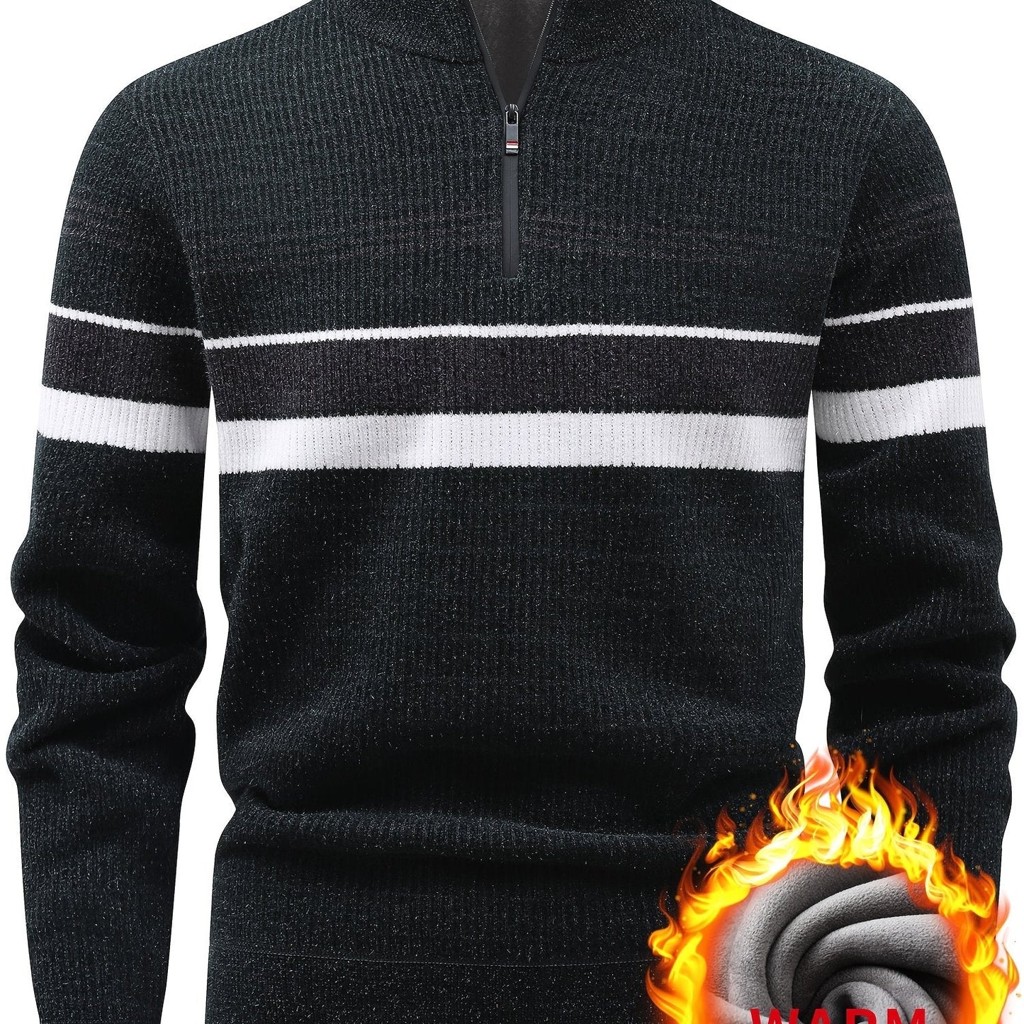 Herren Halb-Reißverschluss Strickpullover mit Streifenmuster, gerippt