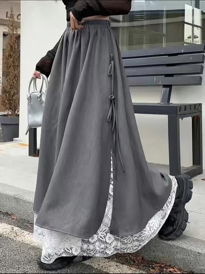Damen Maxirock Grau mit Spitzenbesatz und Bindedetails
