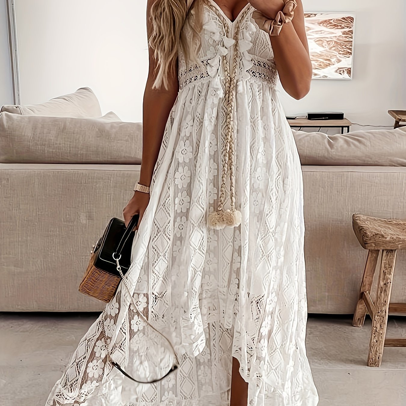 Dam Boho maxiklänning med spets och volanger – Elegant sommarklänning för semester och trädgårdsfester