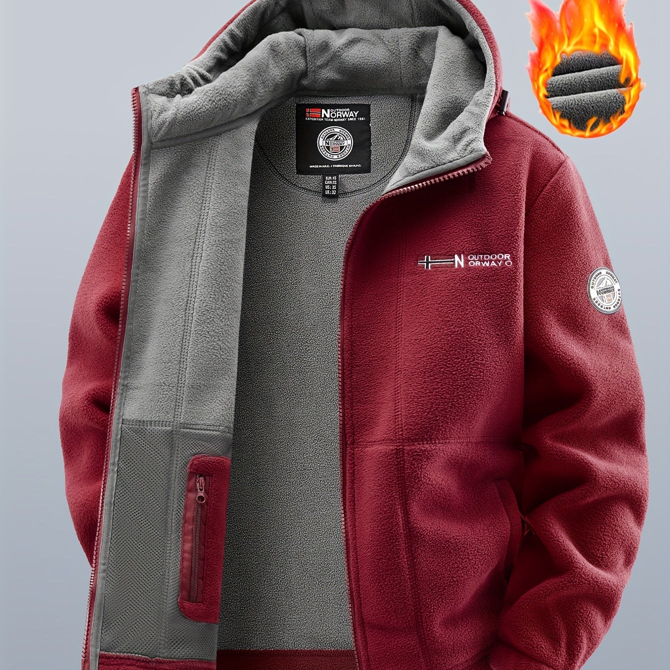 Chaqueta polar de exterior para hombre con capucha – Forro cálido, cierre de cremallera, bolsillo en el pecho