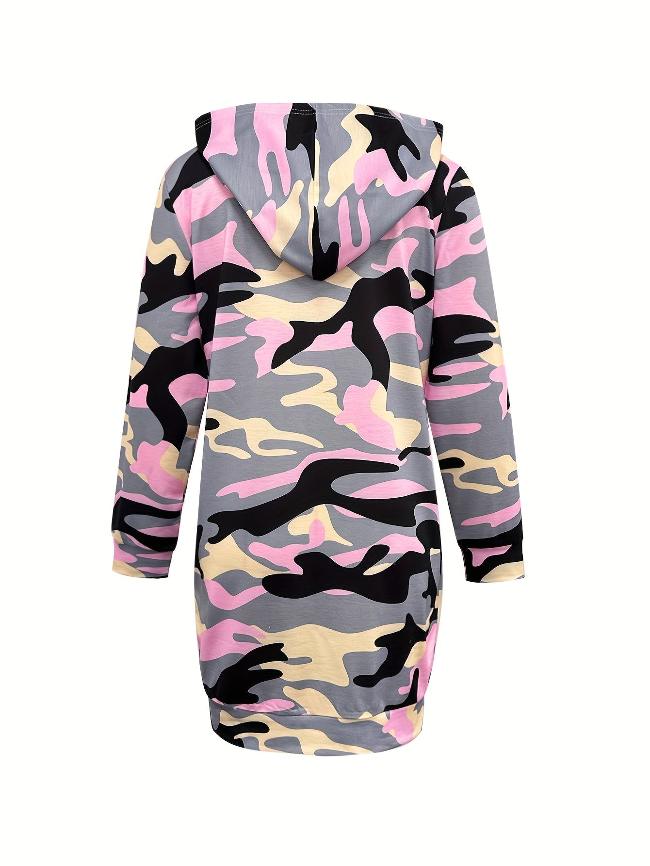 Vestido sudadera con capucha para mujer, estampado de camuflaje, rosa y gris, de manga larga