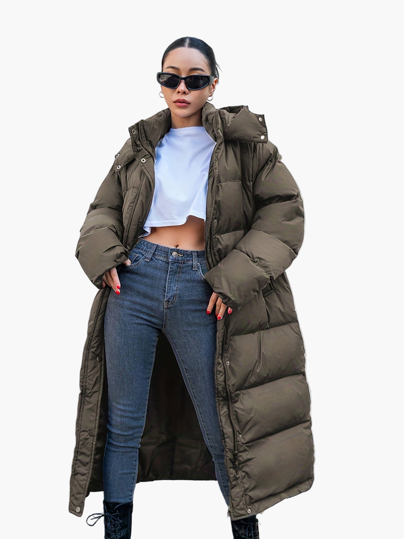 Abrigo acolchado largo de invierno para mujer elegante con capucha – Puff urbano moderno para días fríos