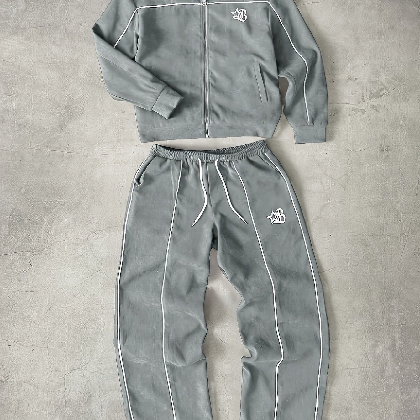 Tuta da ginnastica unisex con giacca con cerniera e pantaloni, bande a contrasto, applicazione con logo