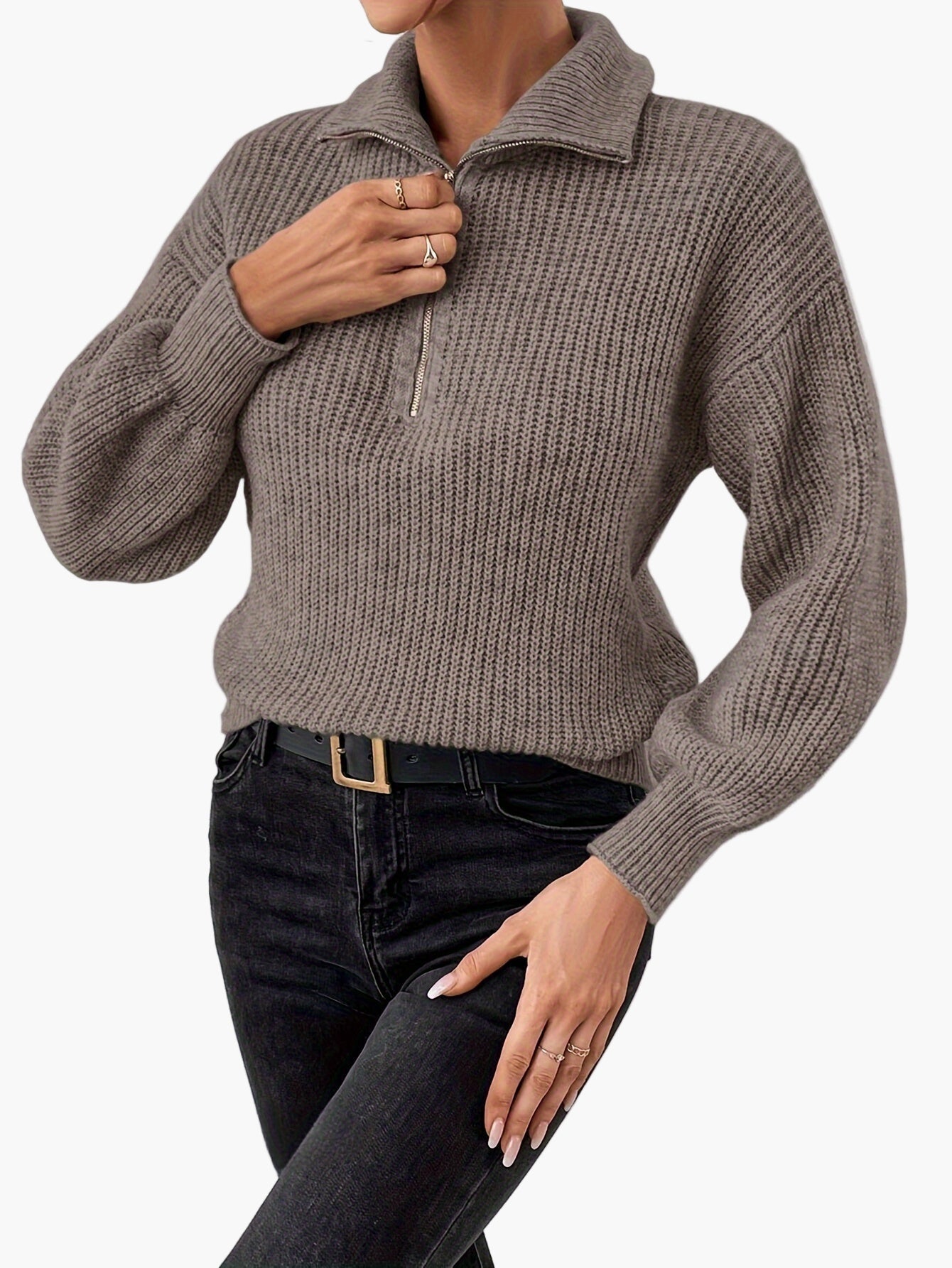 Damski sweter dziany z zamkiem błyskawicznym i eleganckim kołnierzem – modny casualowy look