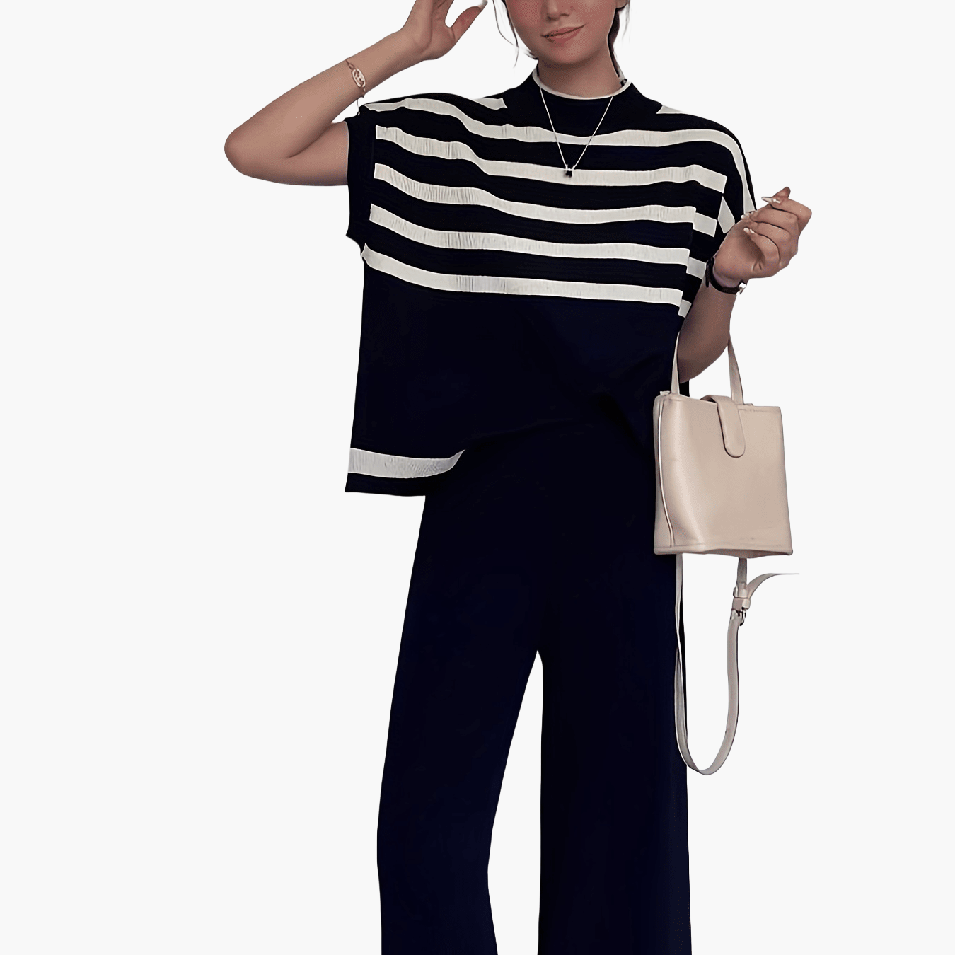 Damen Elegantes Streifen-Set mit Weitbein-Hose und Kurzarm-Top – Modischer Freizeit-Look für Frühling & Sommer