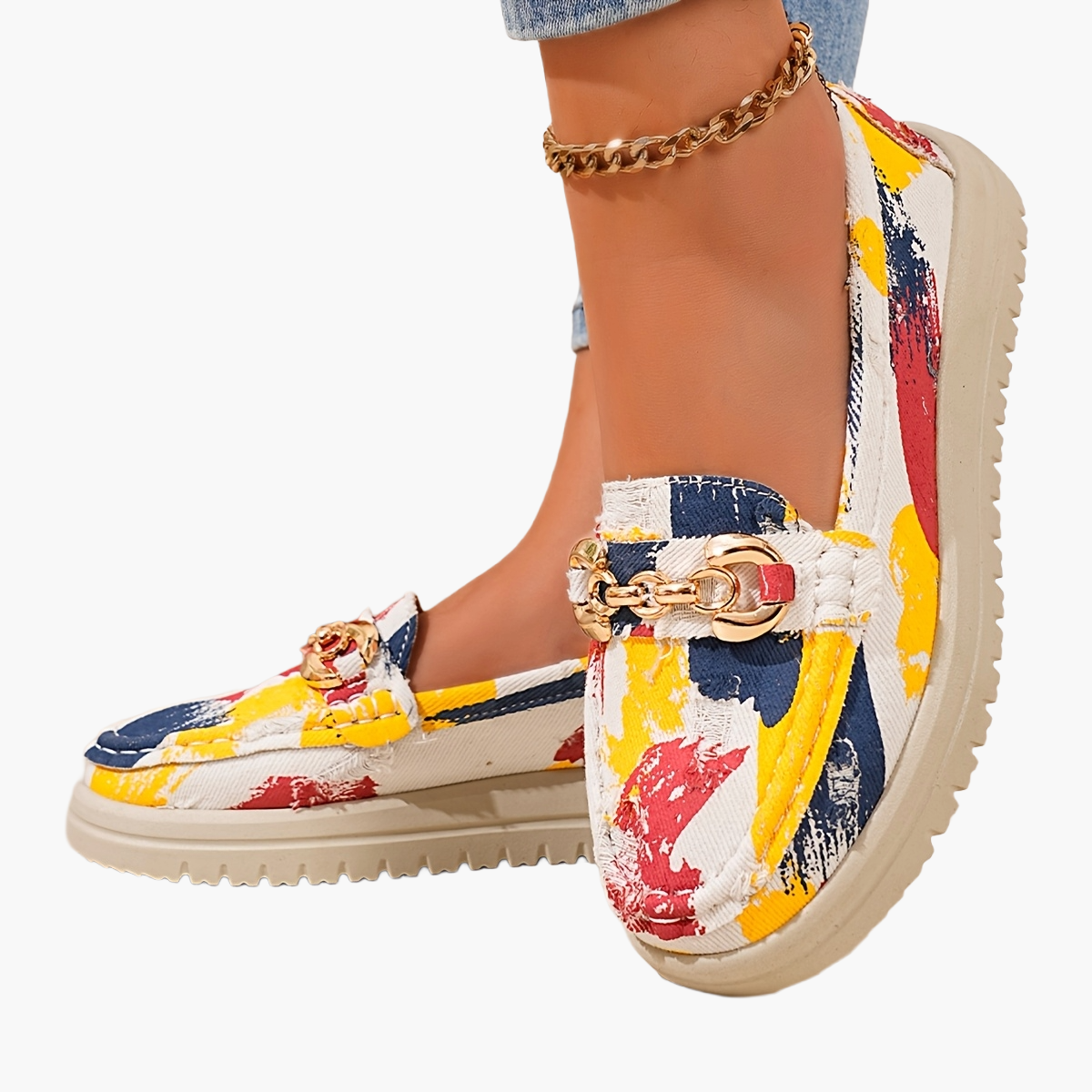 Chaussures décontractées slip-on pour femmes avec détail chaîne, style mocassin à la mode pour le quotidien et les loisirs