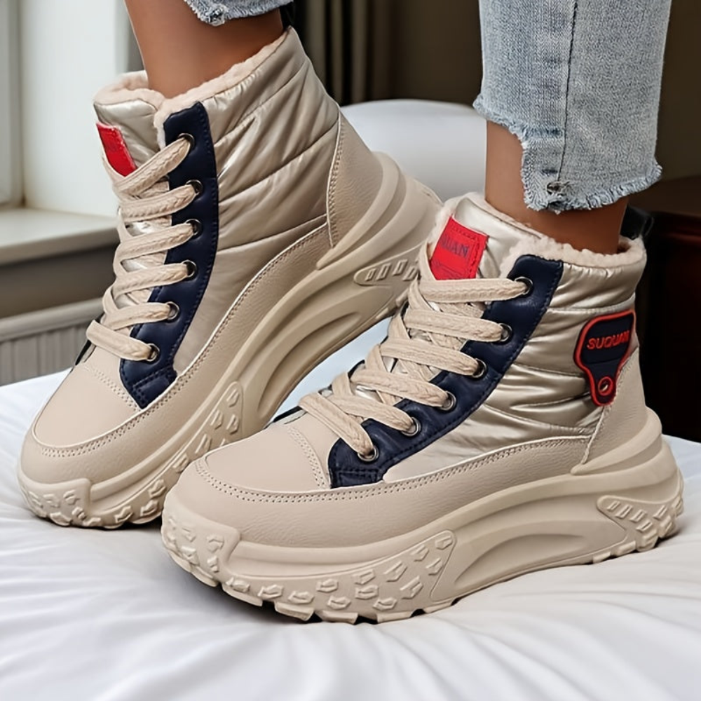 Winterstiefeletten Damen Beige Gefüttert Plateau Sohle