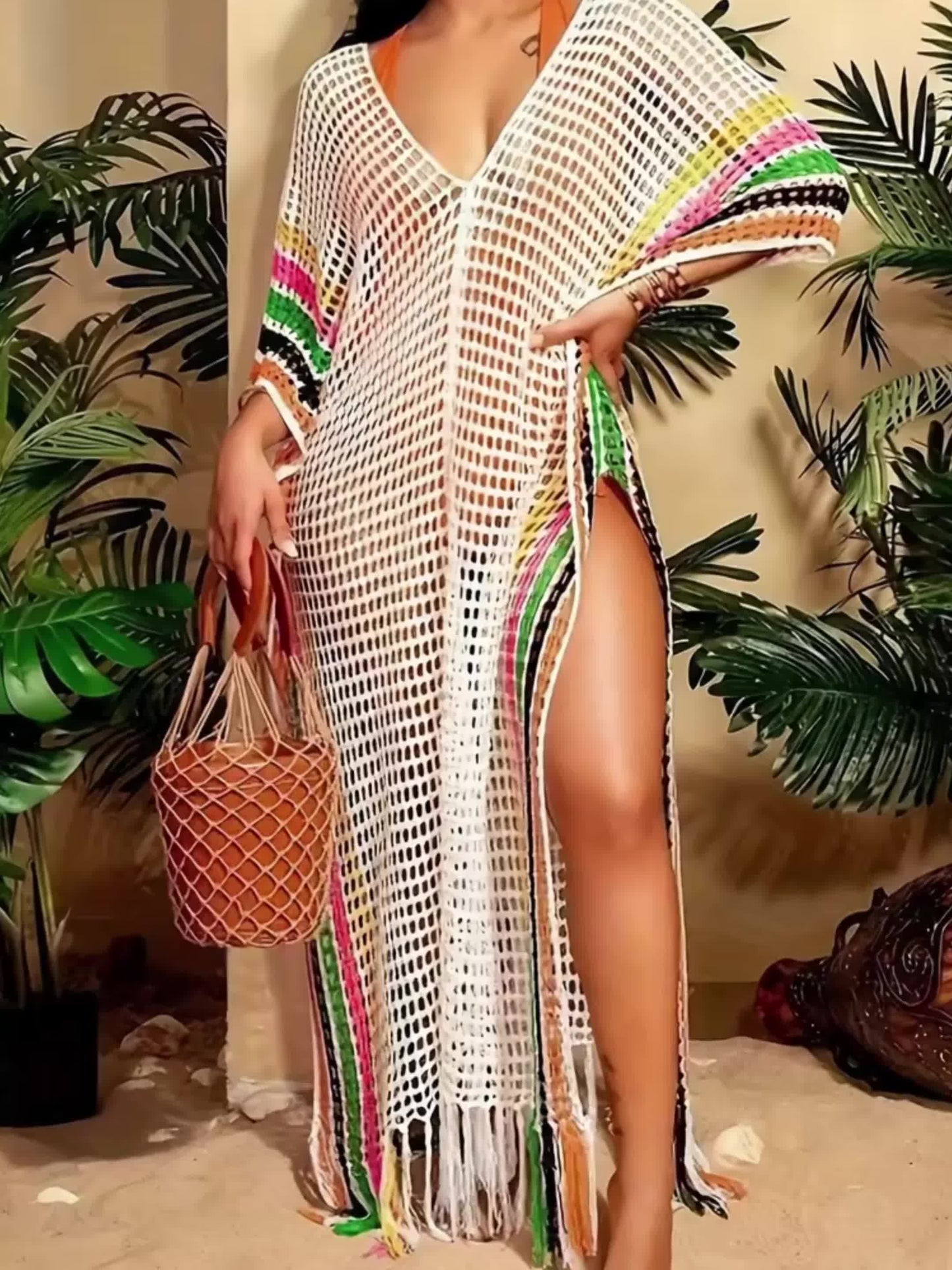 Dame strand-kaftan boho overtrekk med frynser og nett-design – Perfekt for ferie og strand