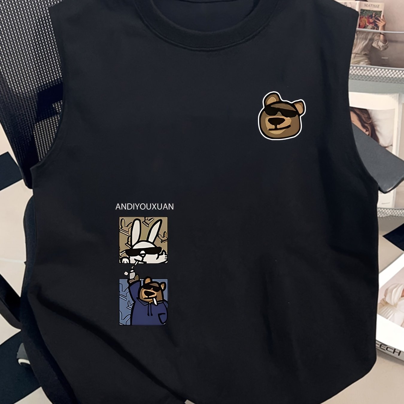 Męski modny bezrękawnik streetwear z nadrukiem kreskówkowym i nowoczesnym wzorem charakteru