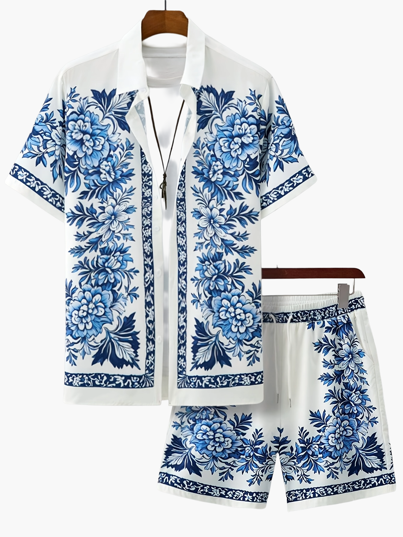 Ensemble d'été décontracté homme avec chemise à manches courtes et short, motif floral, vacances & plage