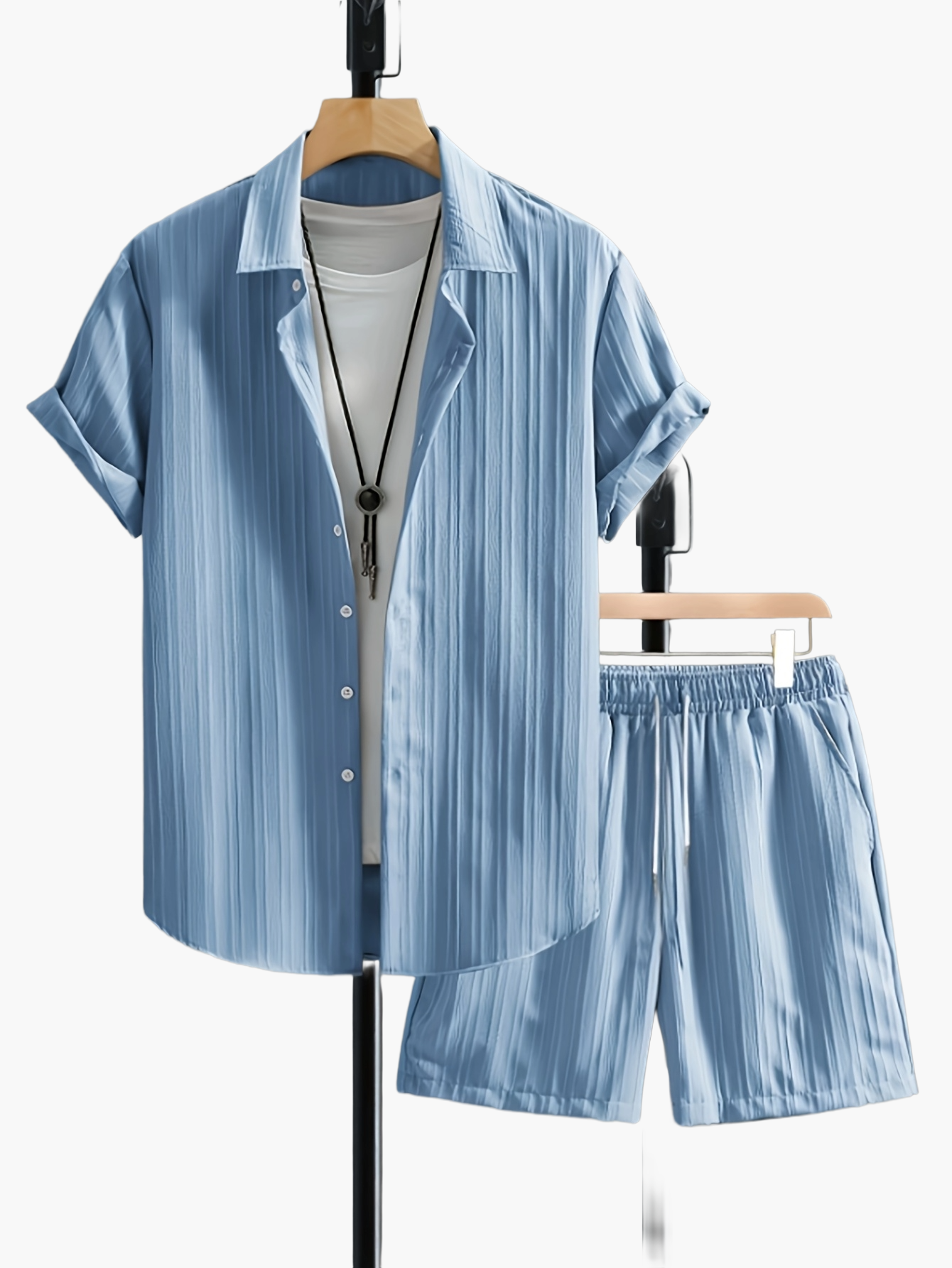 Herre Sommer Fritidsæt – Kortærmet Skjorte og Shorts, Moderne Plissé Design, Ideel til Ferie og Hverdag