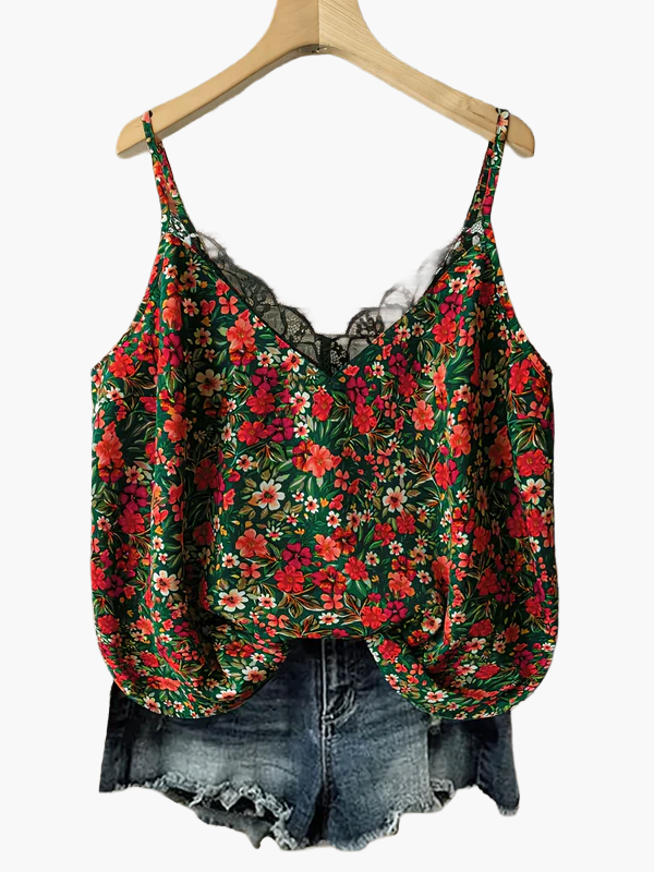 Top estivo da donna con motivo floreale e pizzo – Canottiera casual per tutti i giorni e vacanze