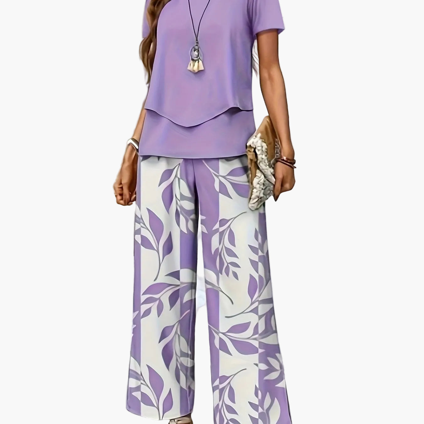 Damen Elegantes Sommer-Set mit Kurzarm-Shirt und weiter Hose, Freizeit-Outfit, Modernes Muster