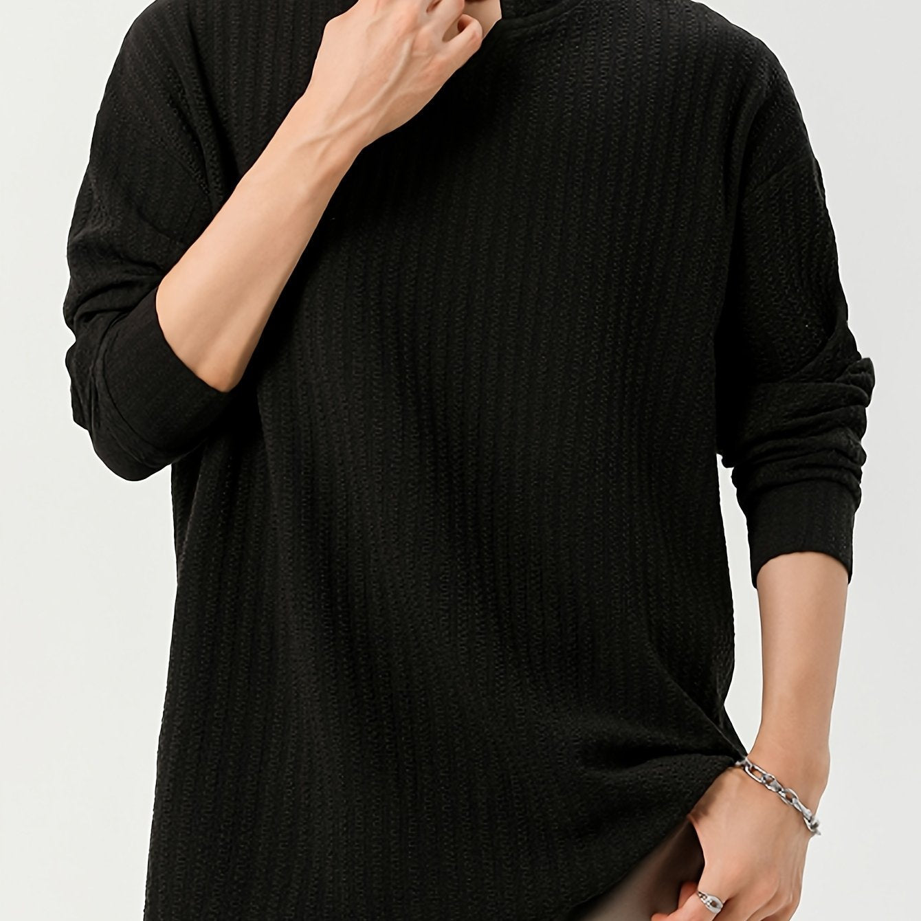 Langærmet T-shirt til mænd med Henley-krave og strukturmønster