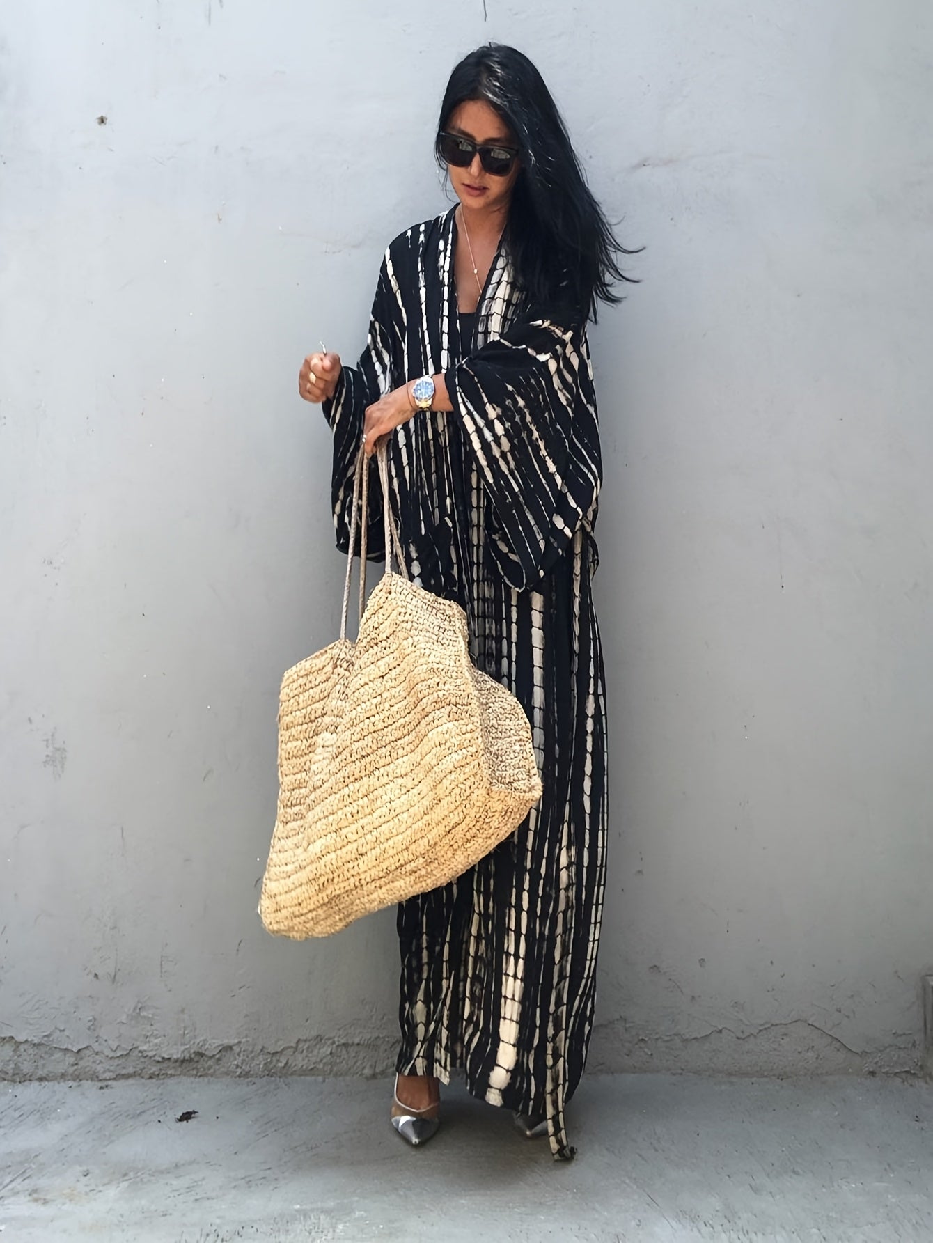 Dame maxikjole kimono-stil for ferie og strand, elegant overtrekksdesign