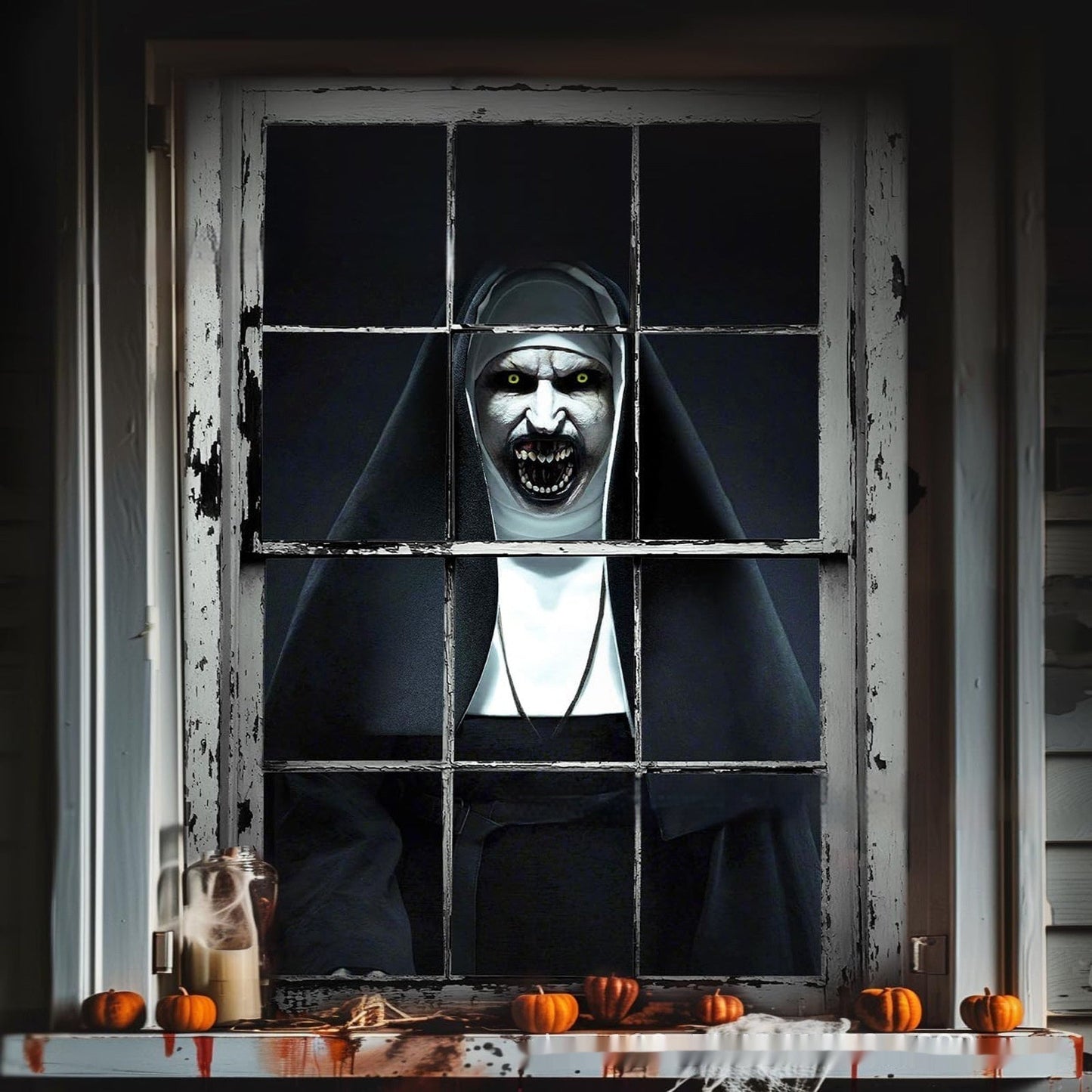 Halloween vindusdekorasjon – Skummel nonnefigur til spøkelseshus og fest