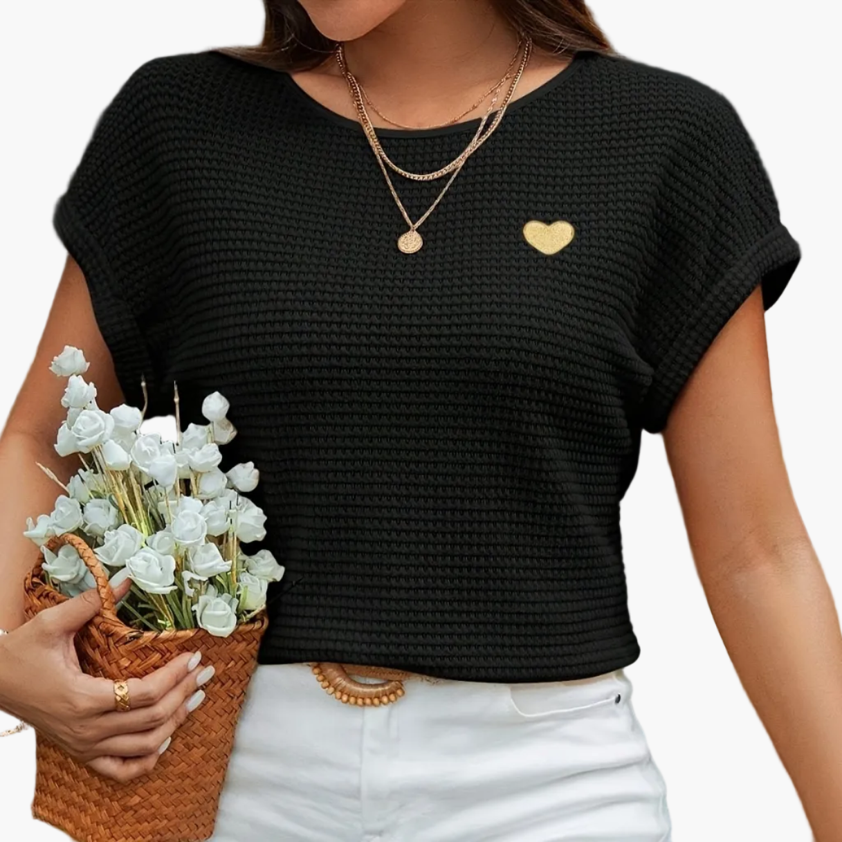 Dame sommer strikbluse med hjerte-detalje, elegant fritidslook, kortærmet top