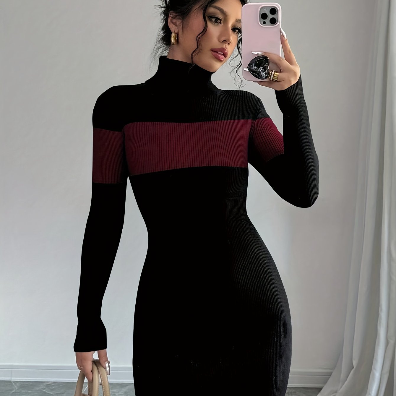 Vestido de punto para mujer con cuello alto, diseño de canalé, manga larga y corte ajustado