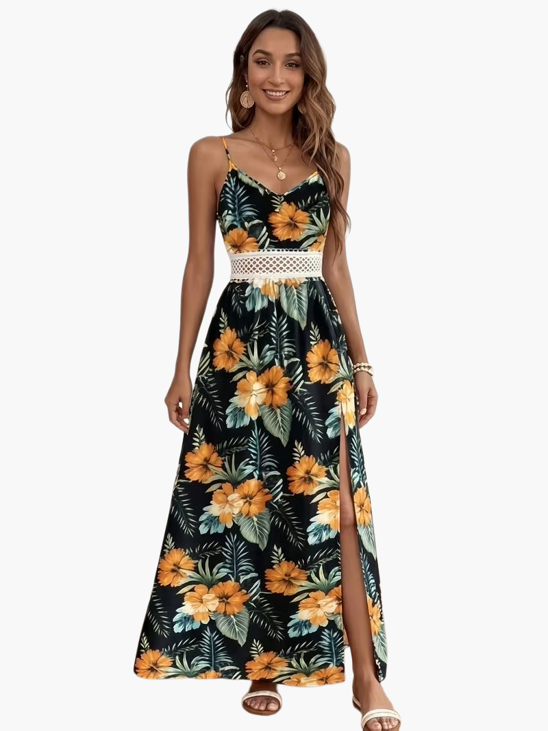 Robe longue femme à motif floral tropical avec bretelles spaghetti – Parfaite pour les vacances et l'été