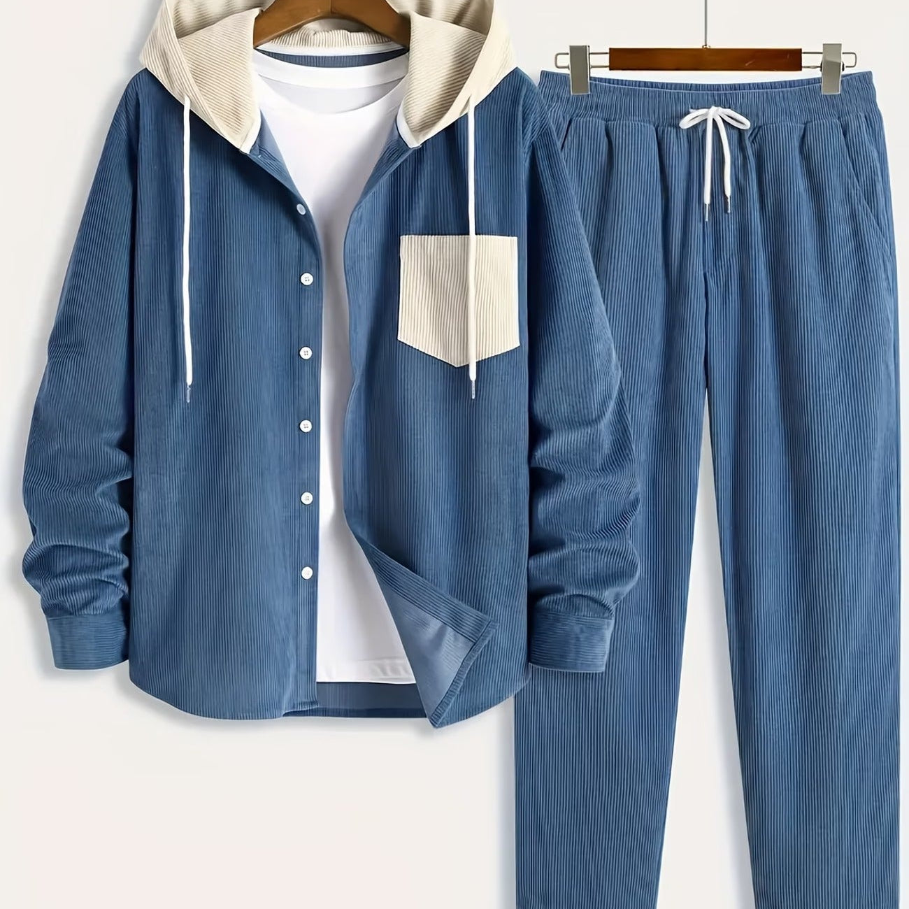 Conjunto de dos piezas para hombre con camisa tipo sudadera con capucha acanalada y pantalón jogger, traje informal