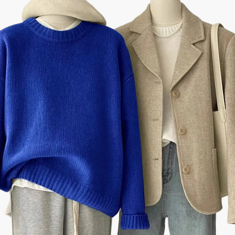 Conjunto casual para mujer con suéter de punto y blazer – Look de ocio a la moda para el día a día y la oficina