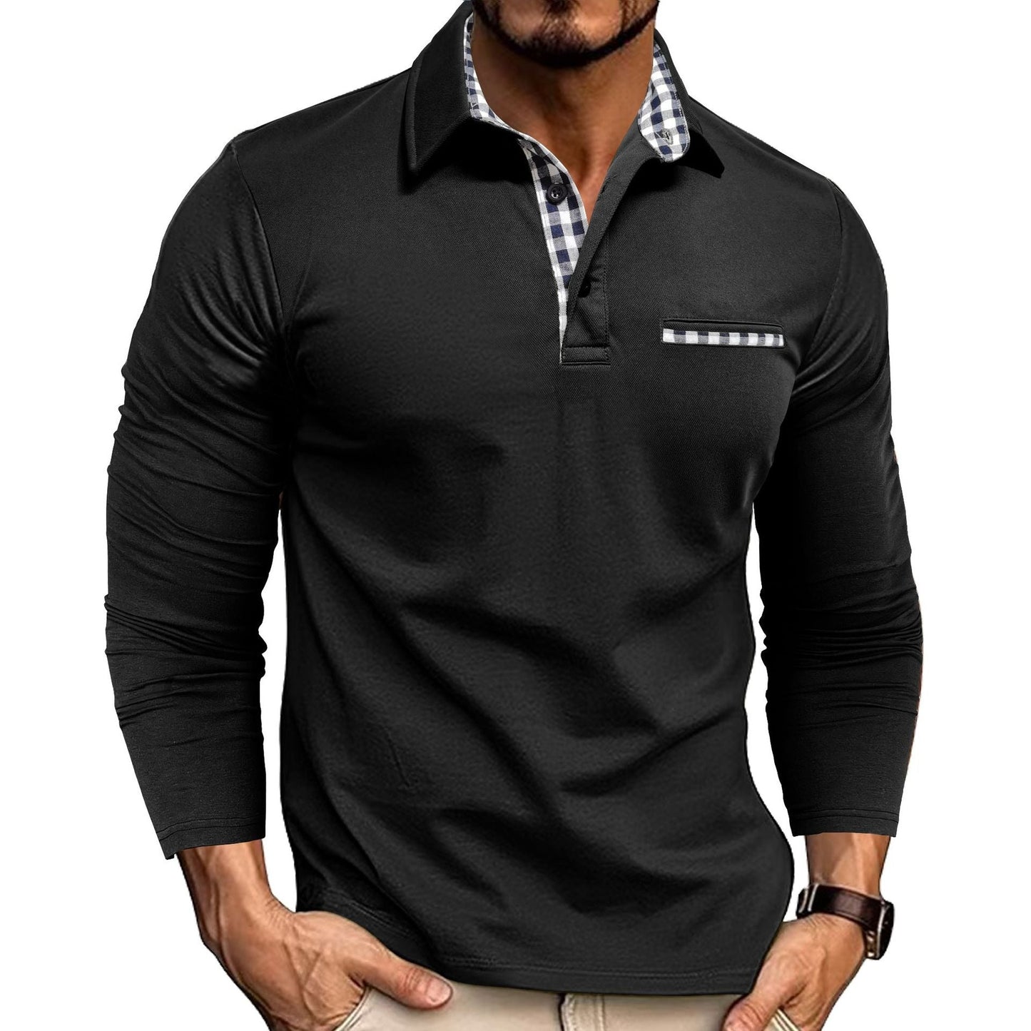 Polo da uomo a manica lunga slim fit con dettagli a quadri – Maglietta moderna per lavoro e tempo libero
