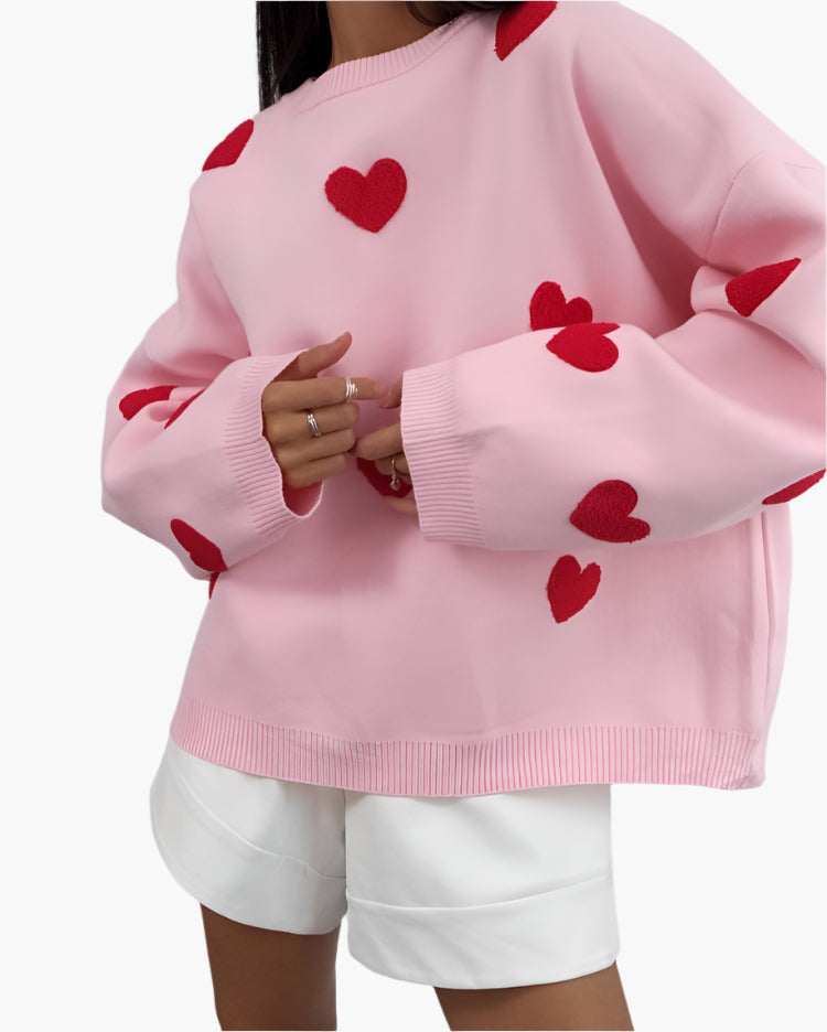Dame Oversize genser med hjerter – Myk loungegenser i lekent design for fritid og hjemme
